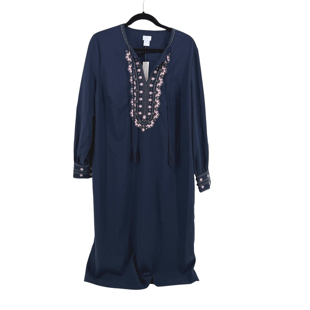Chico's Midi Dress Embroidered Jewel‎ Neck 2 Navy Women Boho Long Sleeve Tassel